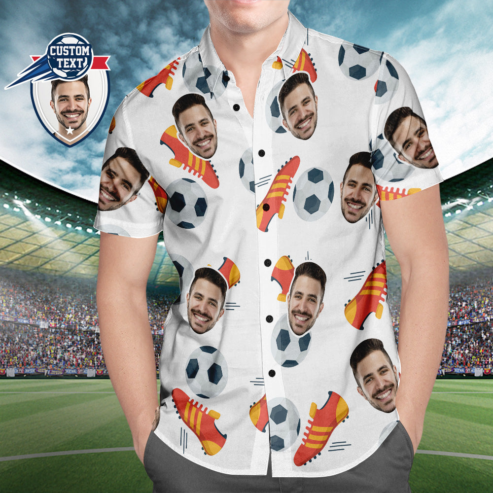 Custom Face Soccer Pattern Hawaiian Shirt Shoes Icon Beach Shirt for Soccer Lovers