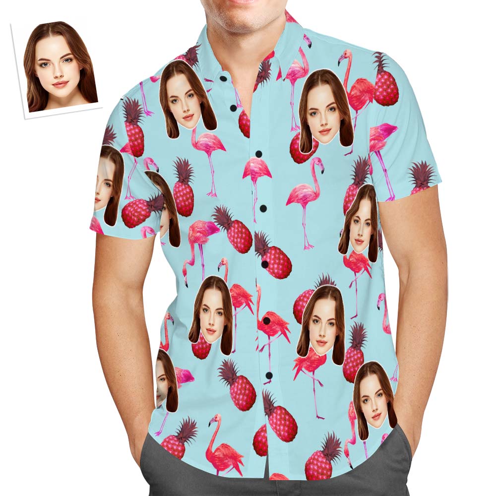 Custom Face Hawaiian Shirt Men's Popular All Over Print Shirt Flamingo Pineapple Holiday Gift