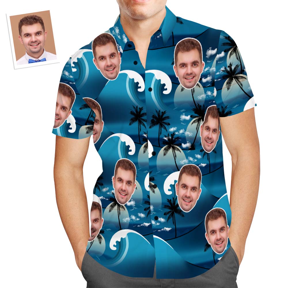 Custom Face Hawaiian Shirt Men's Popular All Over Print Shirt Waves Coconut Tree Holiday Gift