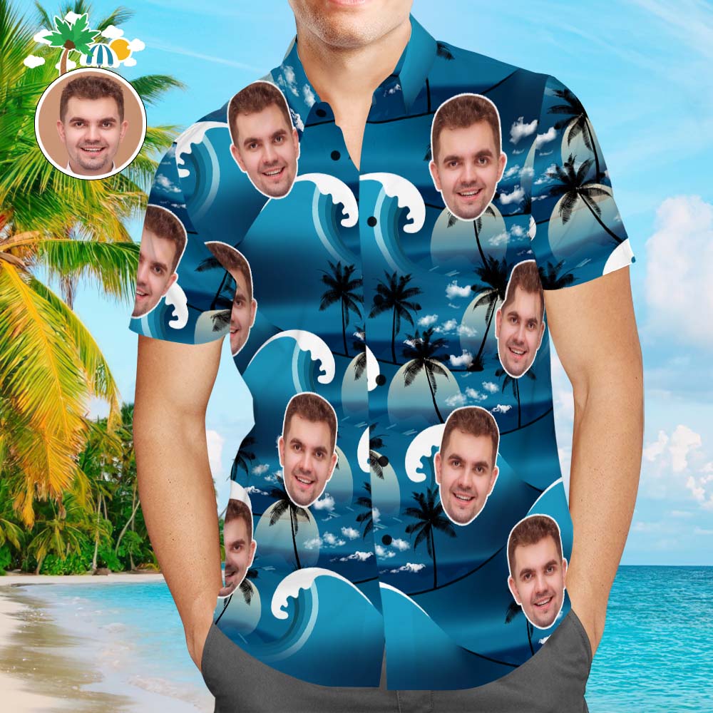 Custom Face Hawaiian Shirt Men's Popular All Over Print Shirt Waves Coconut Tree Holiday Gift