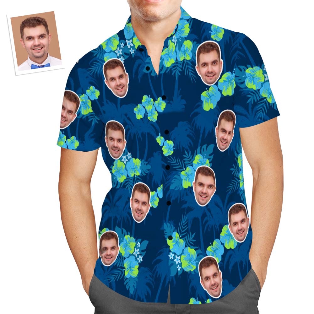 Custom Face Hawaiian Shirt Men's Popular All Over Print Dark Blue Shirt Tree Flower Holiday Gift