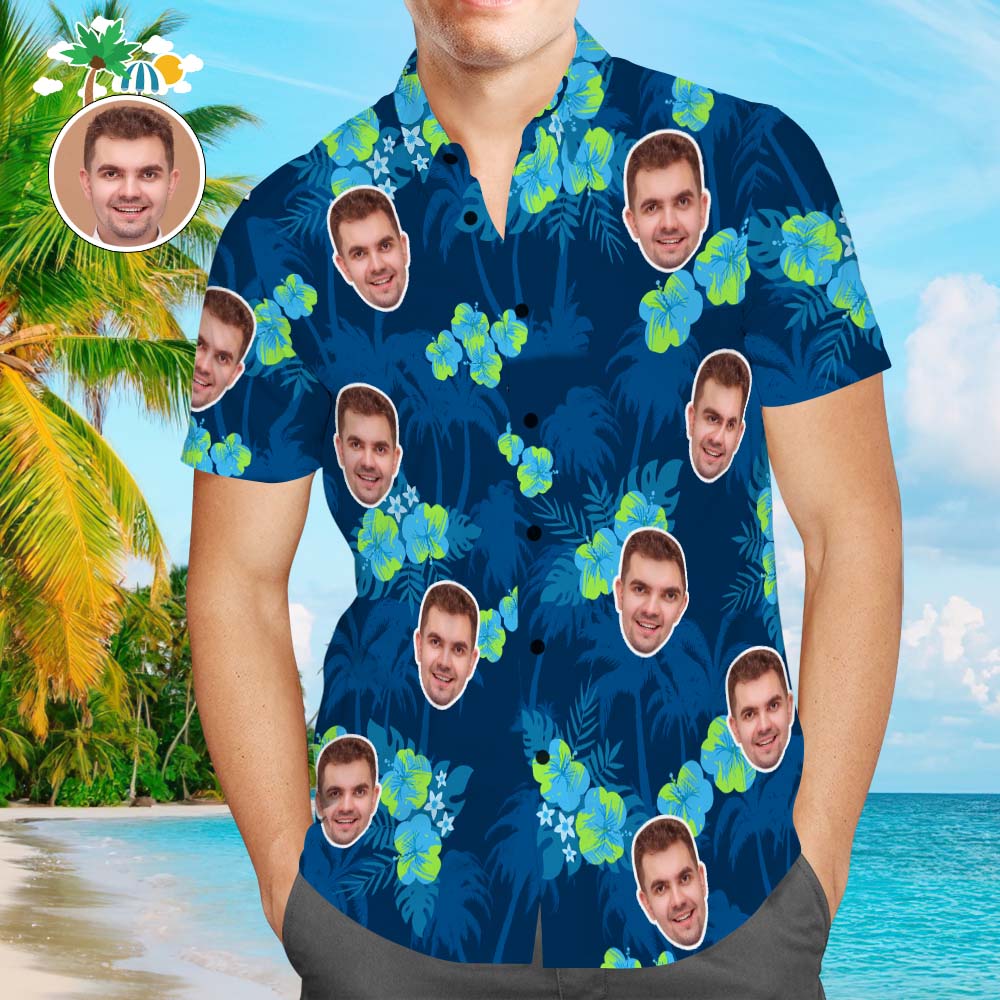 Custom Face Hawaiian Shirt Men's Popular All Over Print Dark Blue Shirt Tree Flower Holiday Gift
