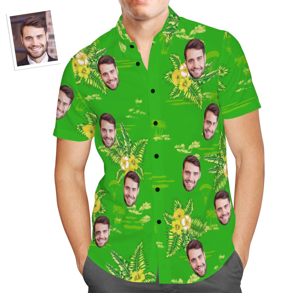 Custom Face Hawaiian Shirt Men's Popular All Over Print Green Shirt Yellow Flower Holiday Gift