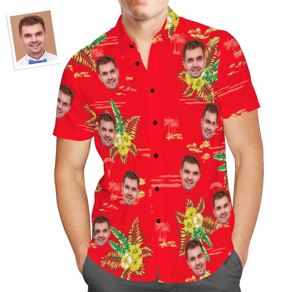 Custom Face Hawaiian Shirt Men's Popular All Over Print Red Shirt Yellow Flower Holiday Gift