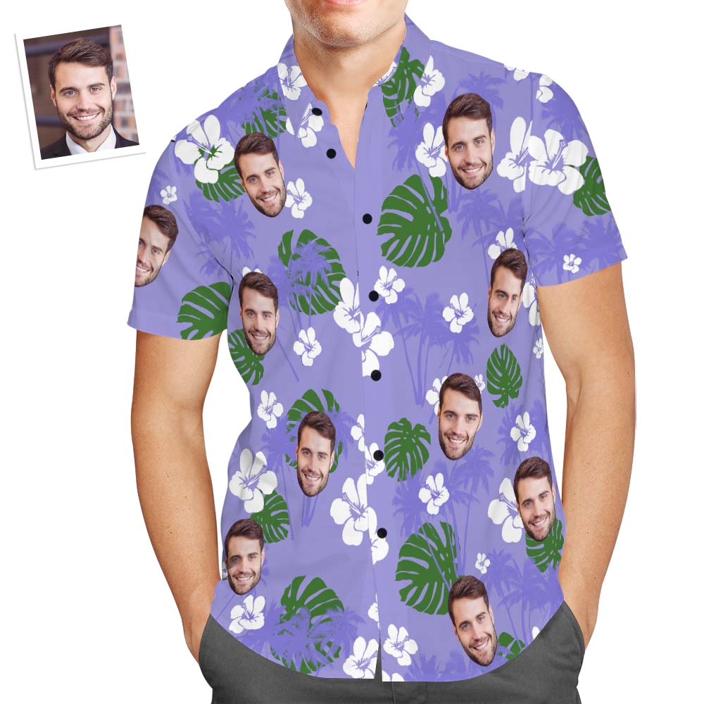 Custom Face Hawaiian Shirt Men's Popular All Over Print Purple Shirt Green Plant Holiday Gift