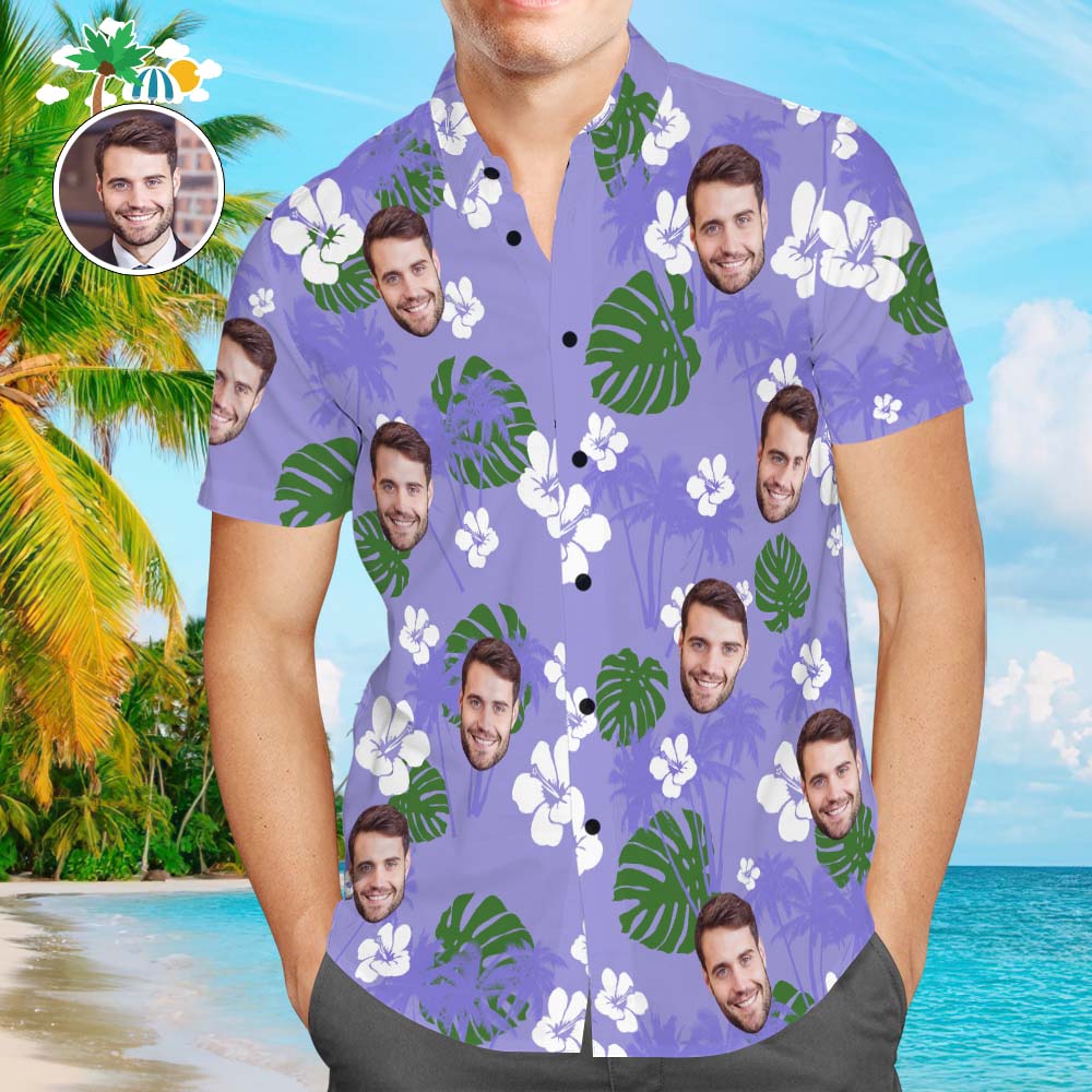 Custom Face Hawaiian Shirt Men's Popular All Over Print Purple Shirt Green Plant Holiday Gift