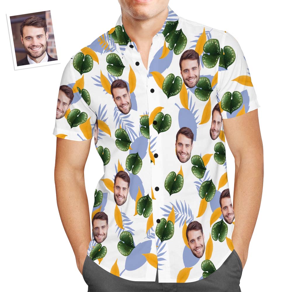 Custom Face Hawaiian Shirt Men's Popular All Over Print Shirt Small Leaves Holiday Gift