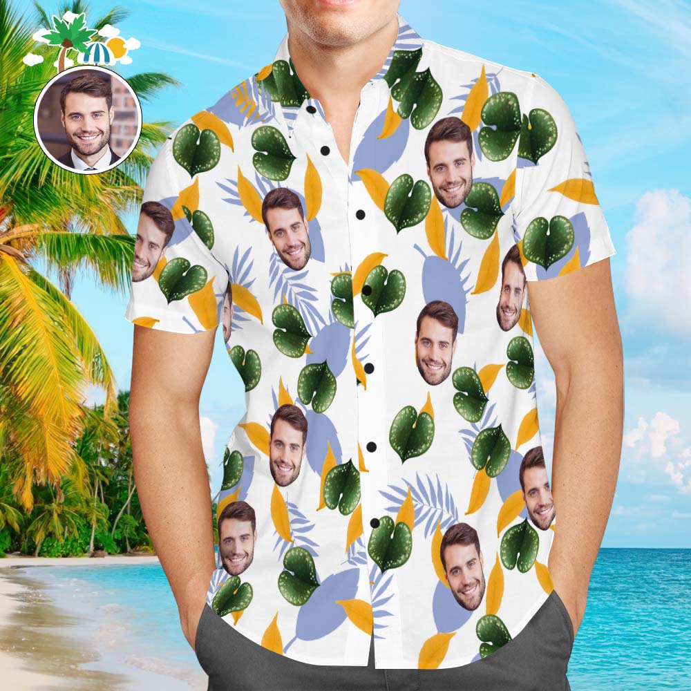 Custom Face Hawaiian Shirt Men's Popular All Over Print Shirt Small Leaves Holiday Gift