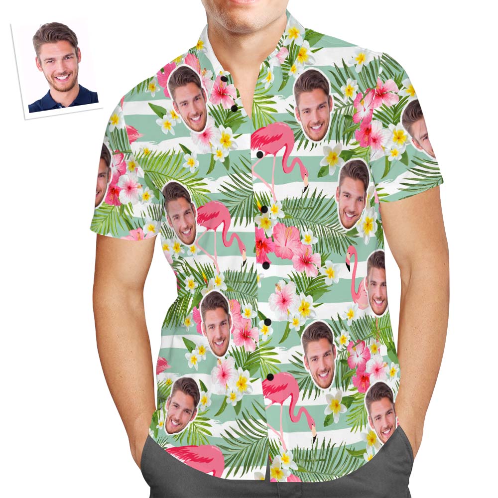Custom Face Hawaiian Shirt Green Stripe and Flamingos Personalized Aloha Beach Shirt for Men