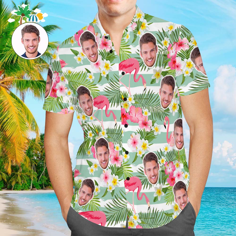 Custom Face Hawaiian Shirt Green Stripe and Flamingos Personalized Aloha Beach Shirt for Men