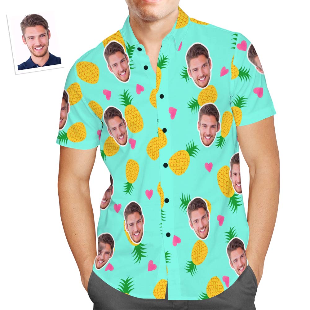 Custom Face Hawaiian Shirt Pineapples and Heart Personalized Aloha Beach Shirt for Men