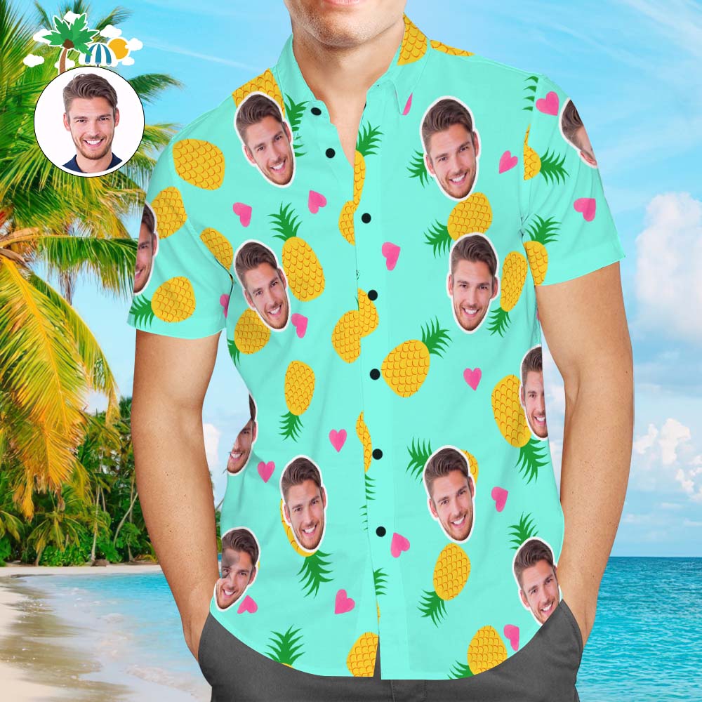 Custom Face Hawaiian Shirt Pineapples and Heart Personalized Aloha Beach Shirt for Men