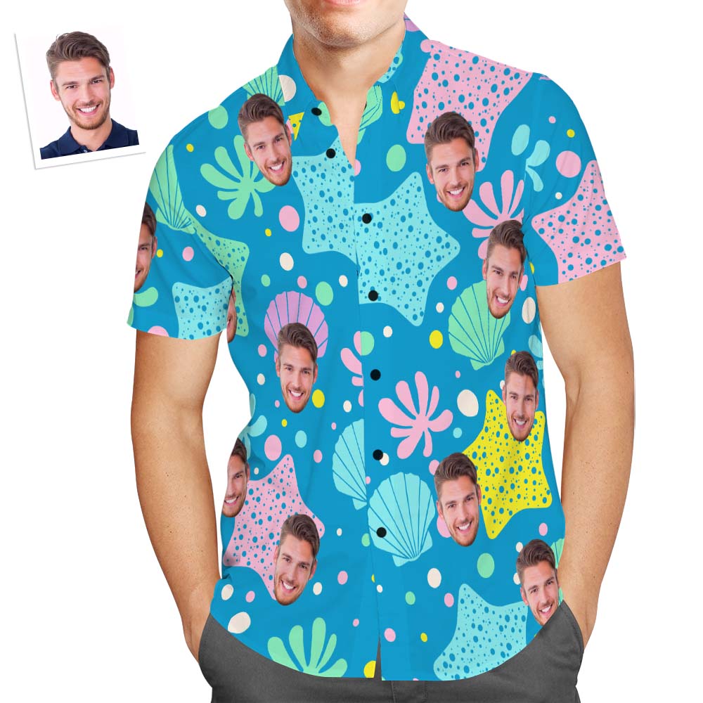 Custom Face Hawaiian Shirt Blue Undersea World Personalized Aloha Beach Shirt for Men