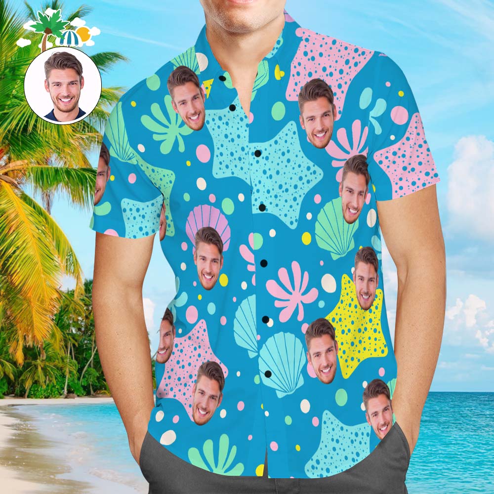 Custom Face Hawaiian Shirt Blue Undersea World Personalized Aloha Beach Shirt for Men