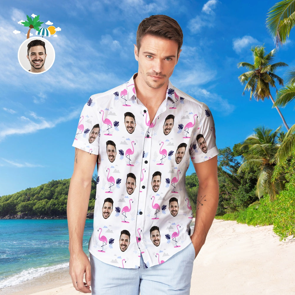 Custom Face Hawaiian Shirt Personalized Men's Photo Flamingo Print Shirt Vacation Party Gift
