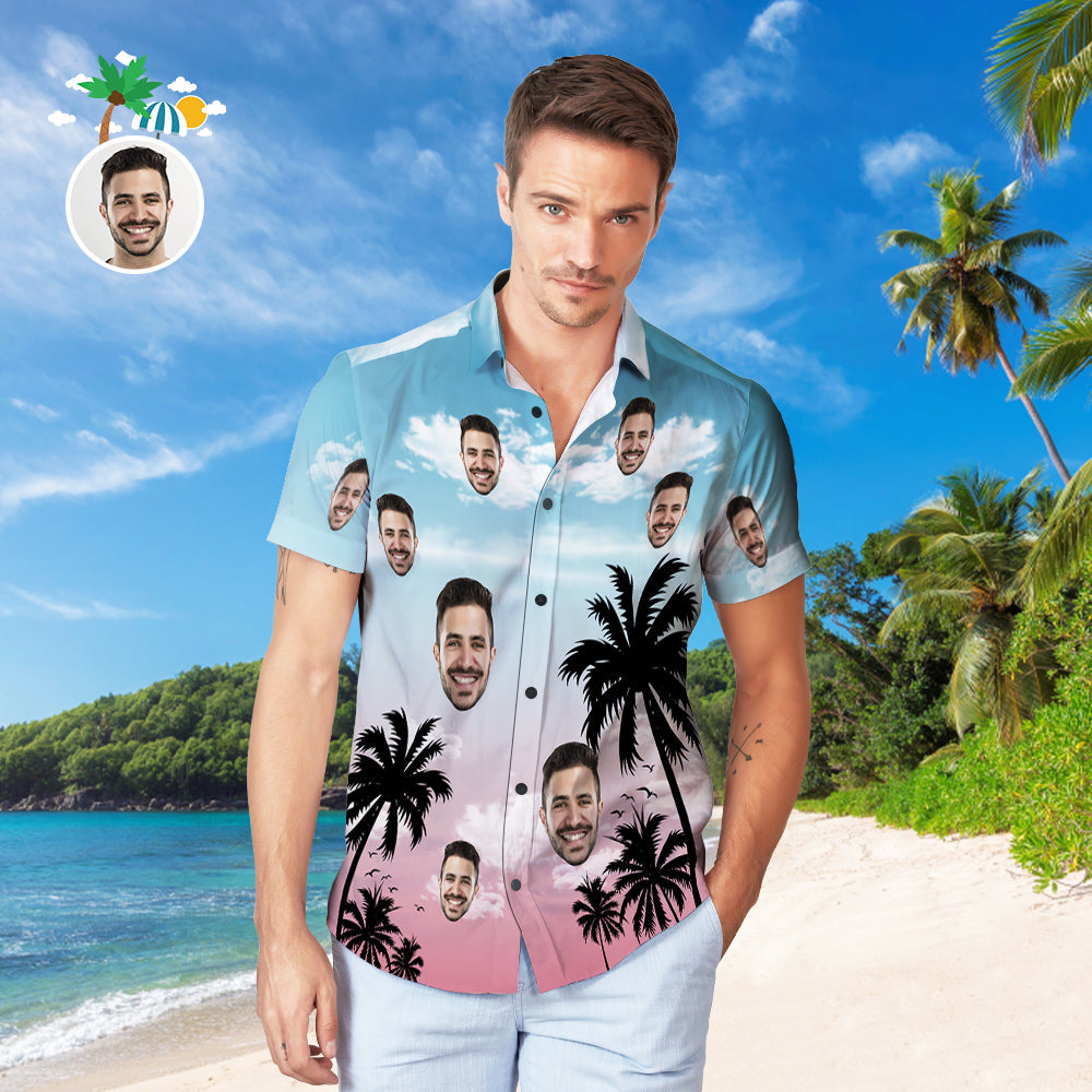Custom Face Hawaiian Shirt Personalized Men's Photo Coconut Tree View Shirt Vacation Party Gift