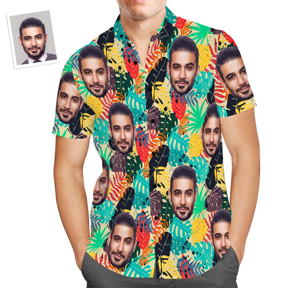 Custom Face Men's All Over Print Aloha Hawaiian Shirt Colorful Leaves