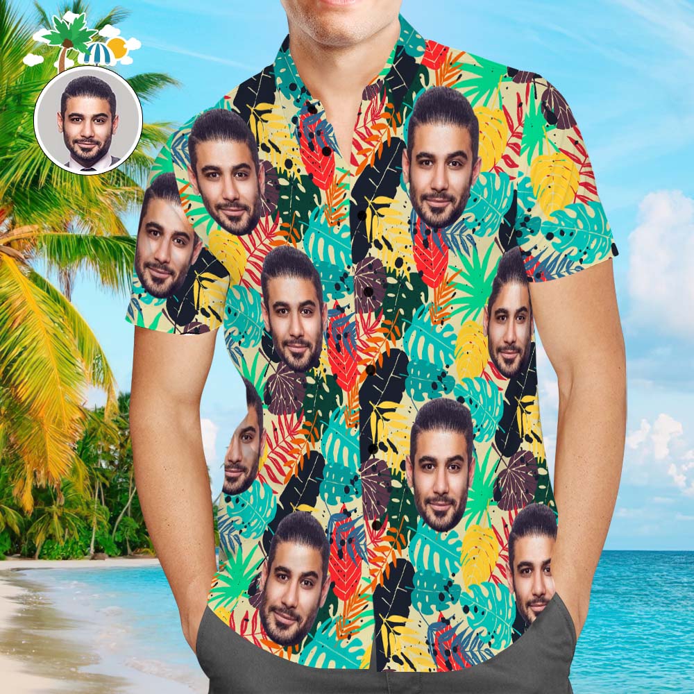 Custom Face Men's All Over Print Aloha Hawaiian Shirt Colorful Leaves