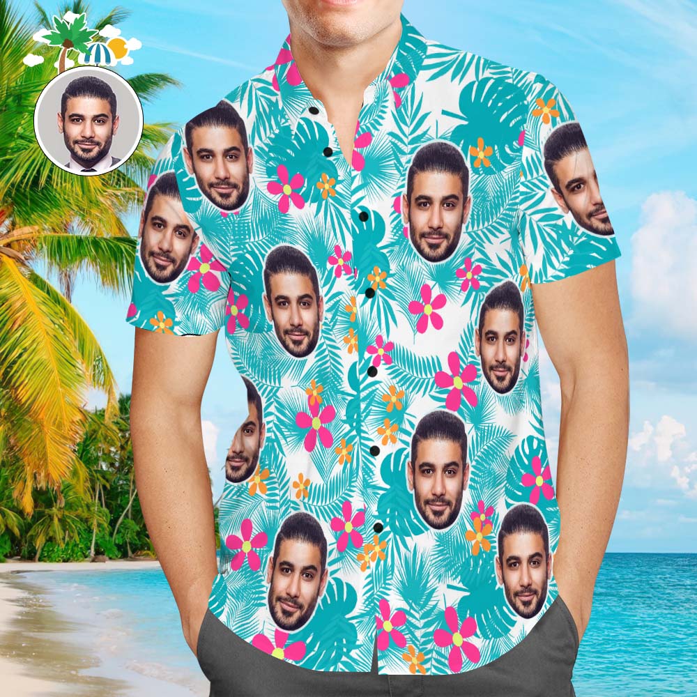 Custom Face Men's All Over Print Aloha Hawaiian Shirt Cute Flowers and Leaves