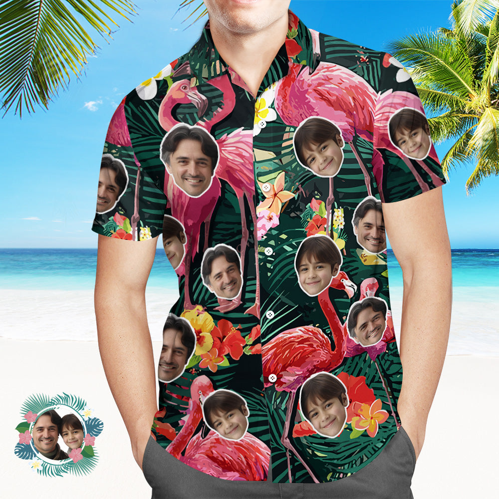 Custom Face All Over Print Hawaiian Shirt Cartoon Flamingo Men's Shirt Beach Party