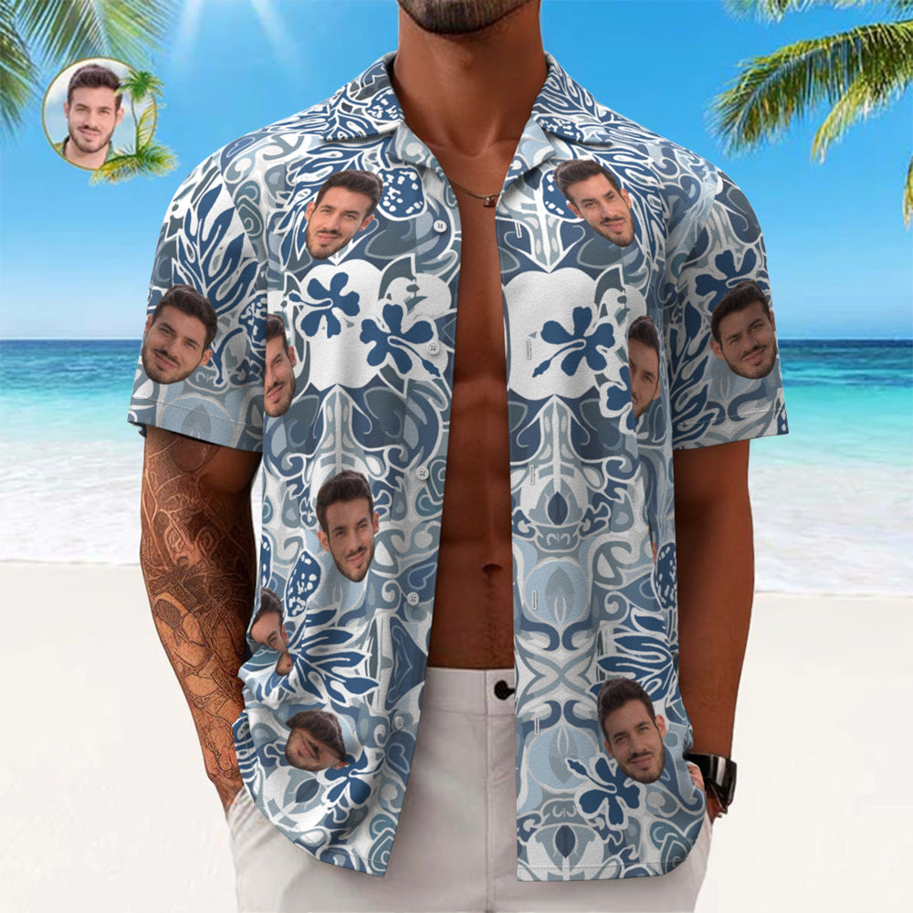 Custom Face Hawaiian Shirt Men's All Over Print Aloha Shirt Gift - Blue Vintage Pattern