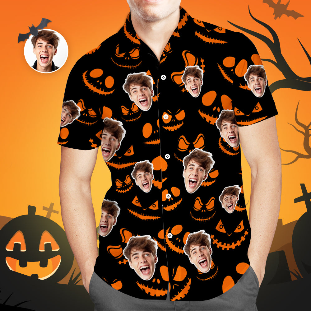 Custom Face Hawaiian Shirt Men's Halloween Funny Pumpkin Shirts Halloween Gifts