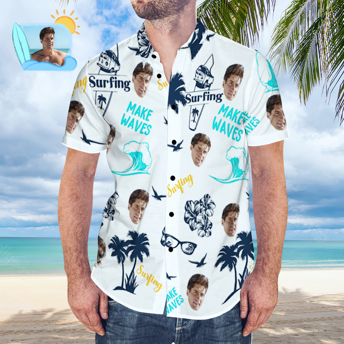 Custom Face Hawaiian Shirt Personalized Surfing Style Aloha Beach Shirt Gift for Surfer Surfing Hawaiian Style Surfing Hawaiian Style