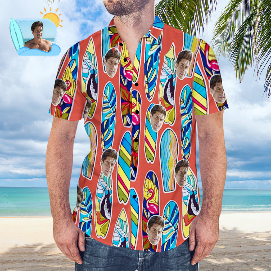 Custom Face Men's Hawaiian Surfing Board Print Short Sleeve Funky Aloha Shirt Surfing Hawaiian Style Surfing Hawaiian Style