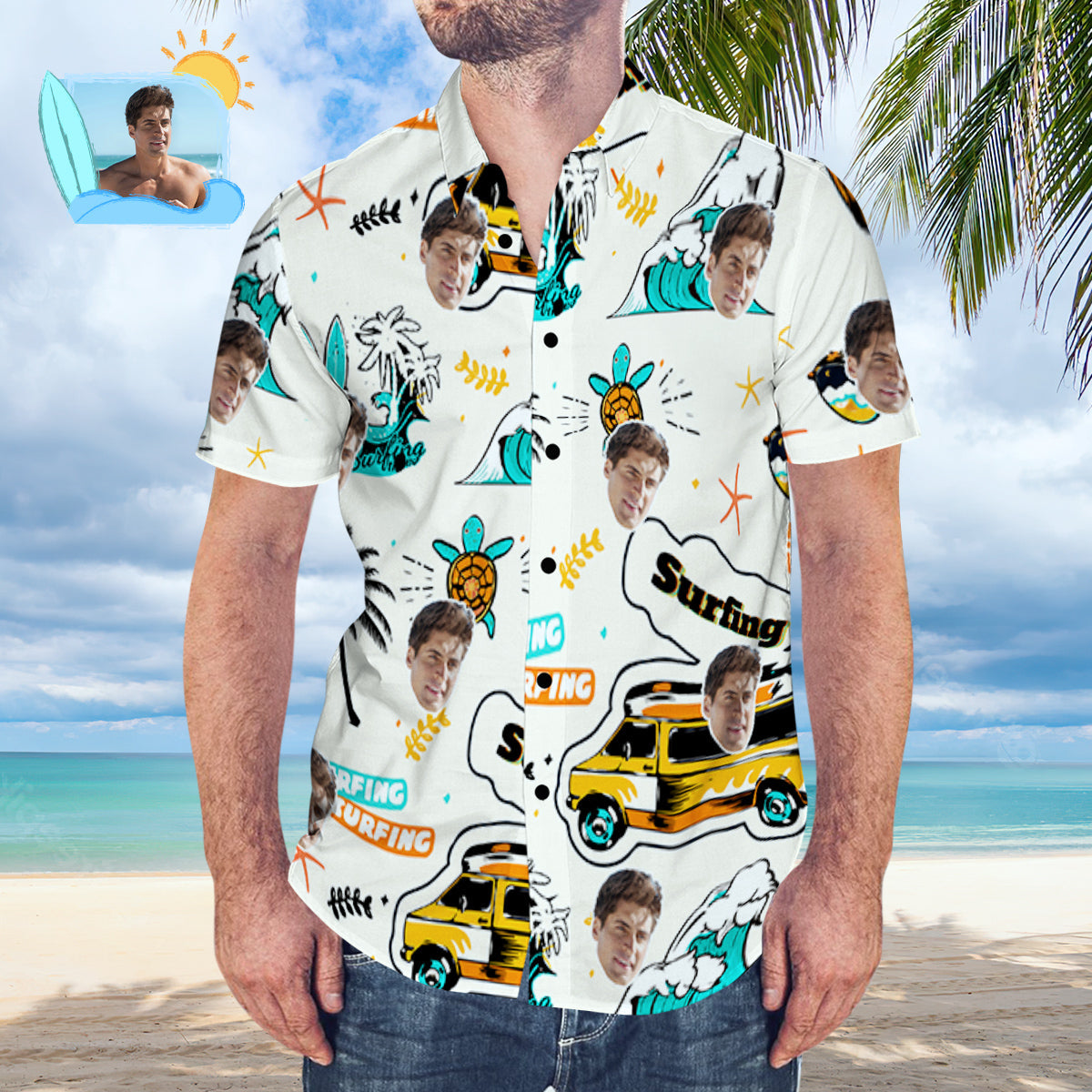 Custom Face Hawaiian Shirt Personalized Surfing Style White Aloha Beach Shirt Gift for Surfer Surfing Hawaiian Style Surfing Hawaiian Style