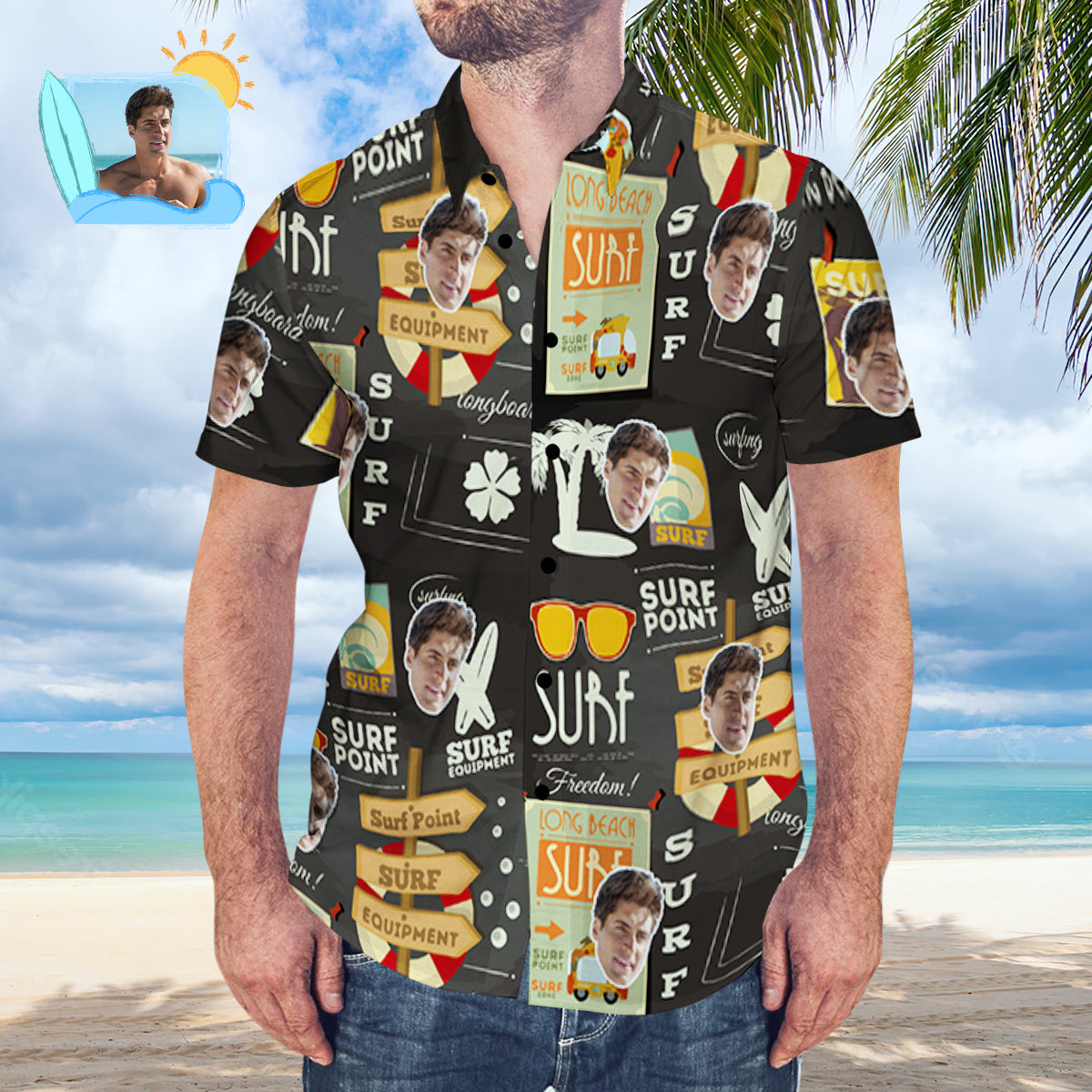 Custom Face Hawaiian Shirt Personalized Surfing Style Black Aloha Beach Shirt Gift for Surfer Surfing Hawaiian Style Surfing Hawaiian Style