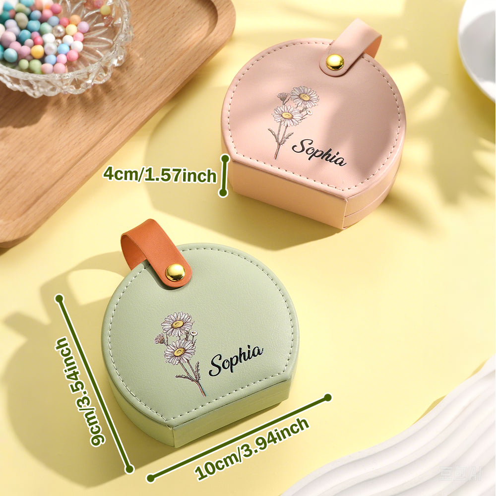 Personalized Birth Flower Jewelry Box with Name Leather Jewelry Box Birthday Gift for Her
