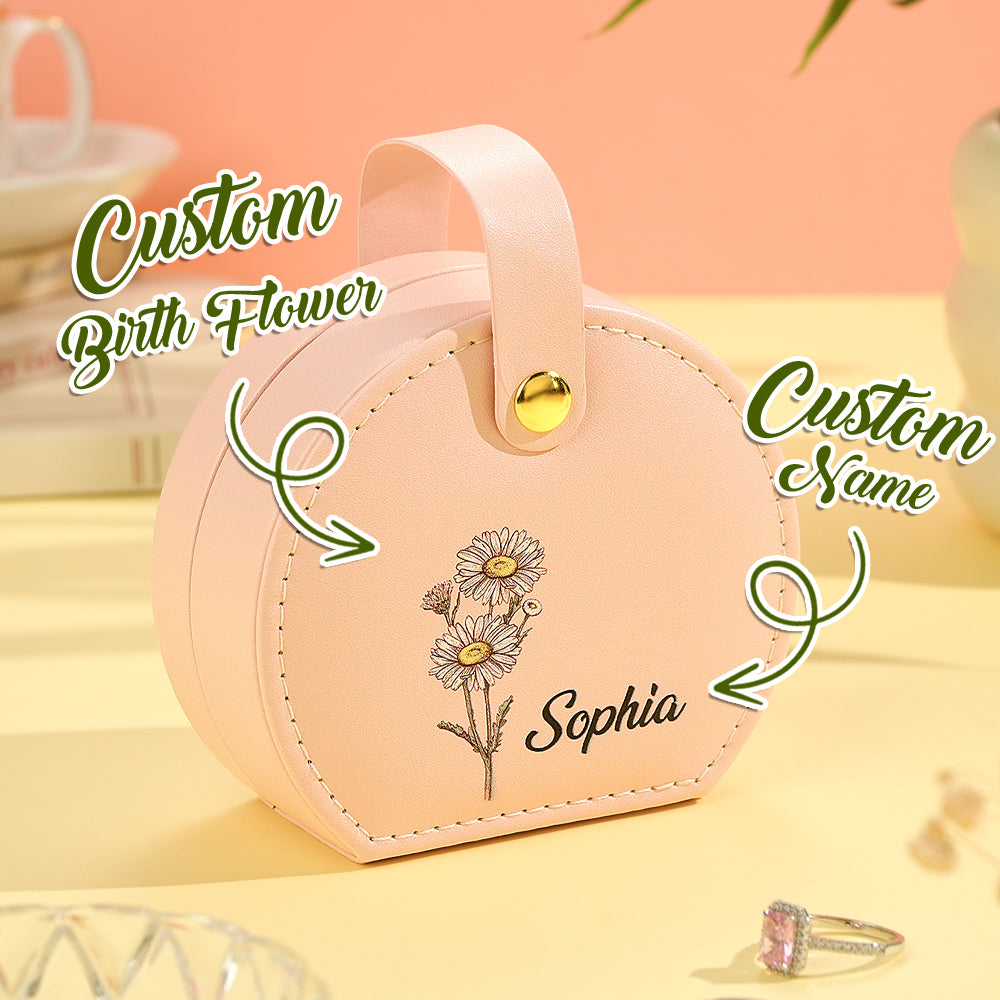 Personalized Birth Flower Jewelry Box with Name Leather Jewelry Box Birthday Gift for Her