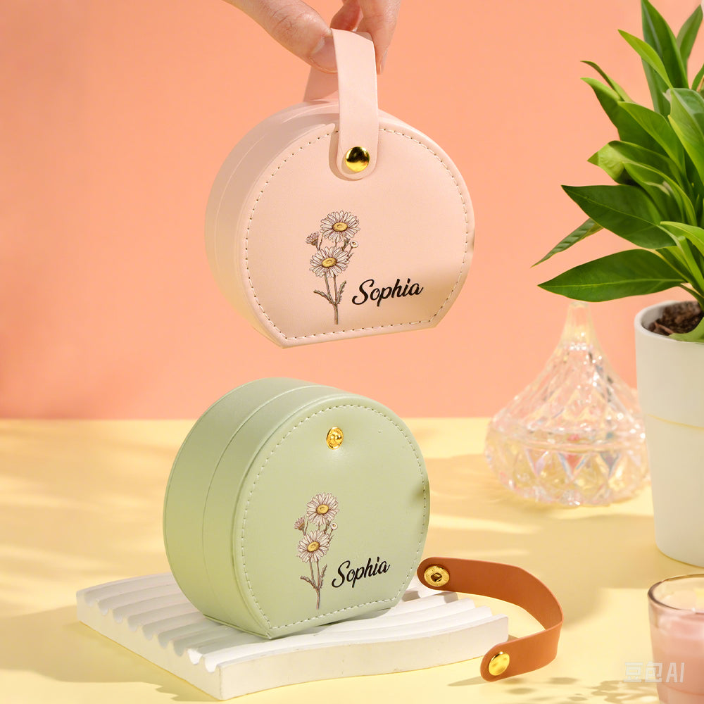 Personalized Birth Flower Jewelry Box with Name Leather Jewelry Box Birthday Gift for Her
