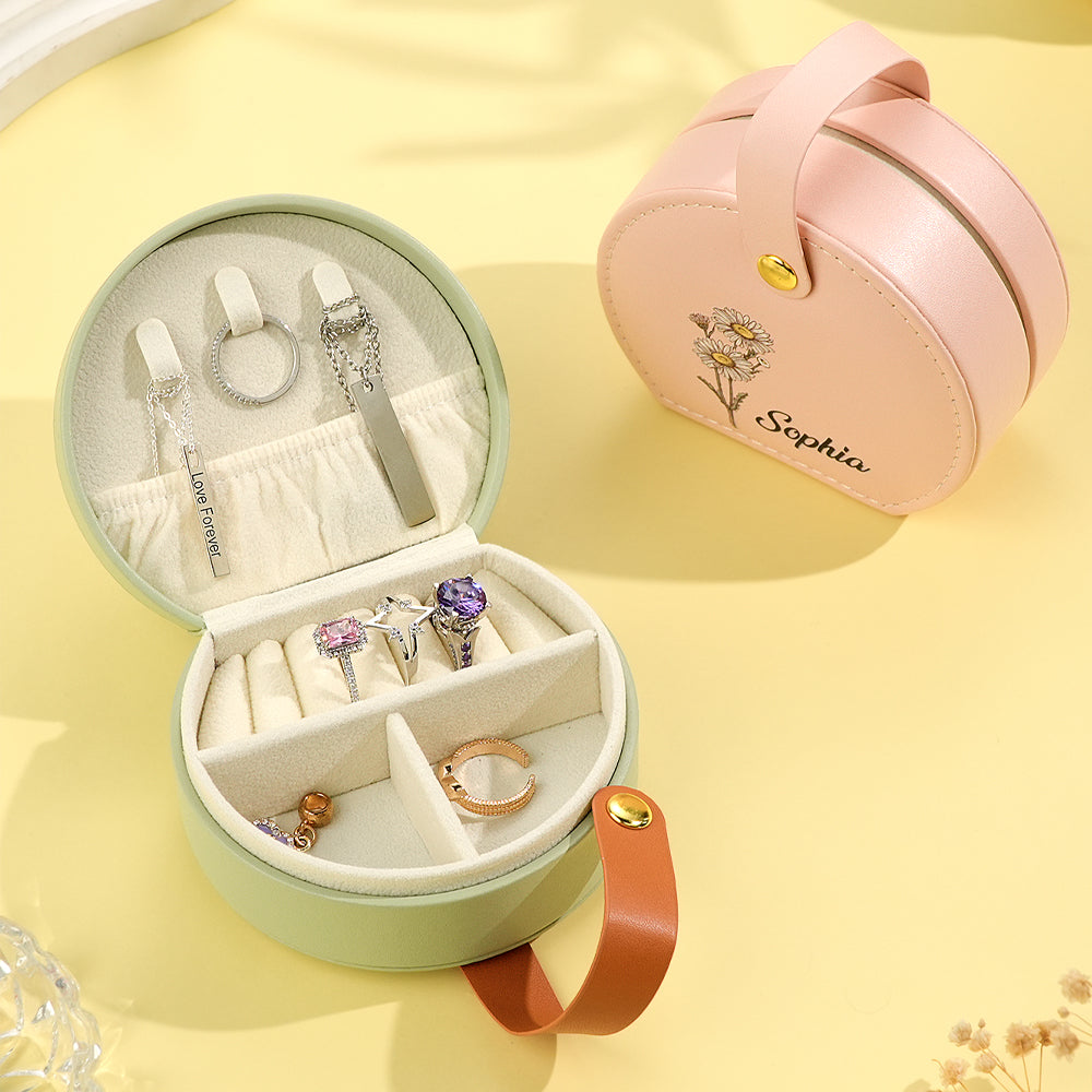 Personalized Birth Flower Jewelry Box with Name Leather Jewelry Box Birthday Gift for Her