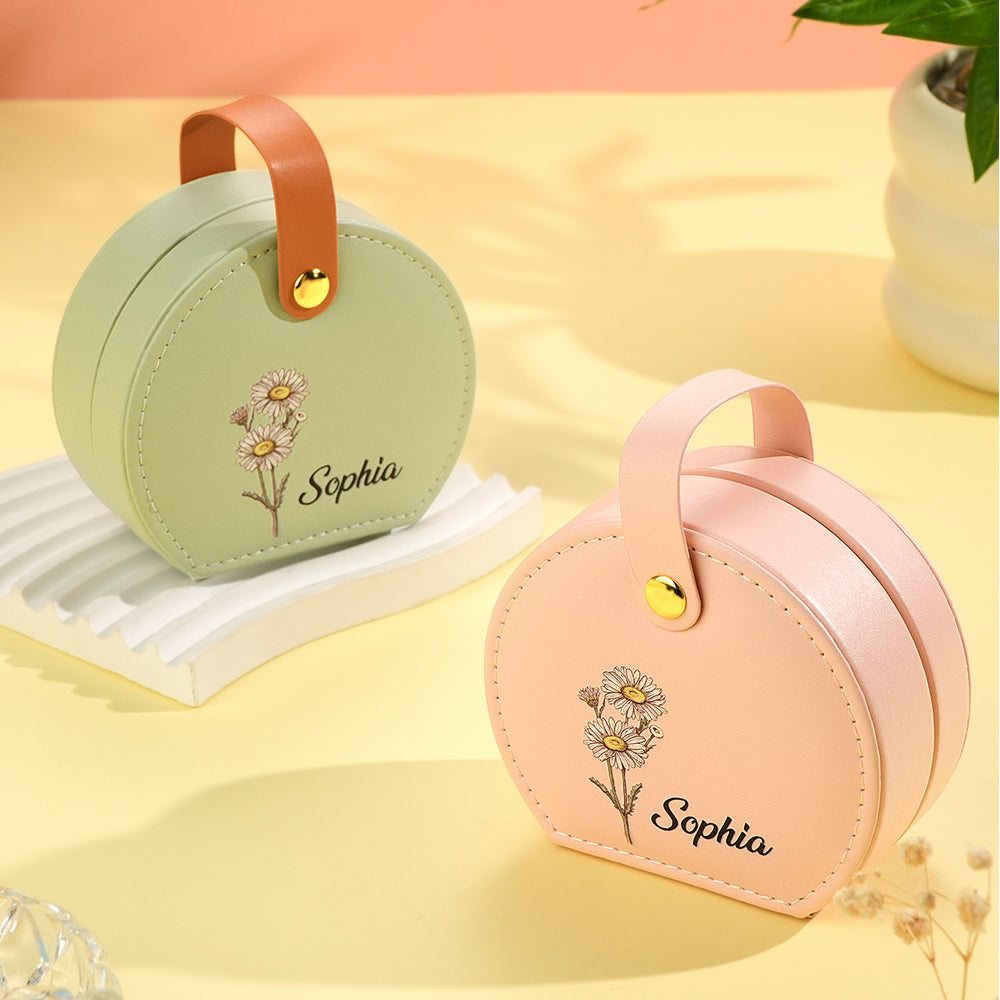 Personalized Birth Flower Jewelry Box with Name Leather Jewelry Box Birthday Gift for Her