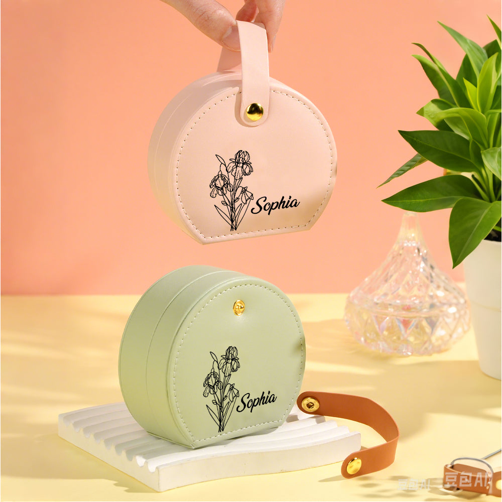 Personalized Birth Flower Leather Jewelry Box with Name Jewelry Box Gift for Her