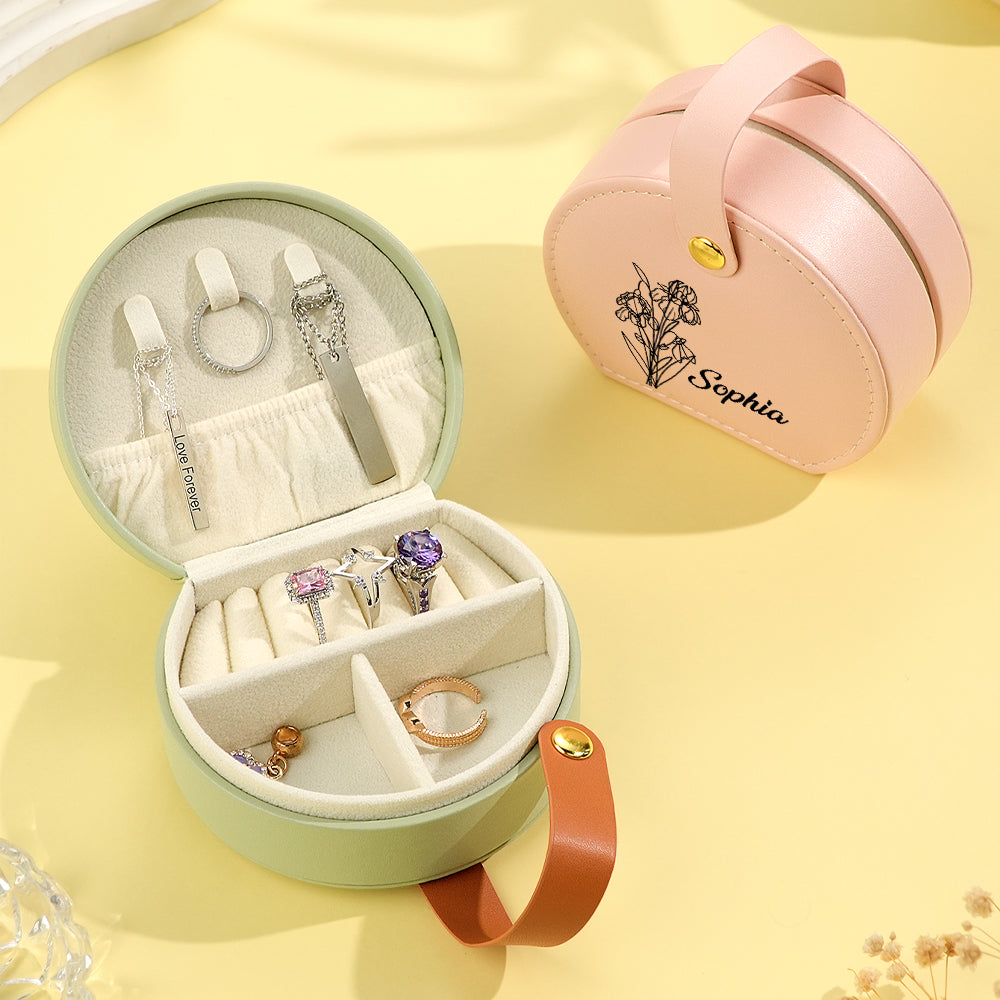 Personalized Birth Flower Leather Jewelry Box with Name Jewelry Box Gift for Her