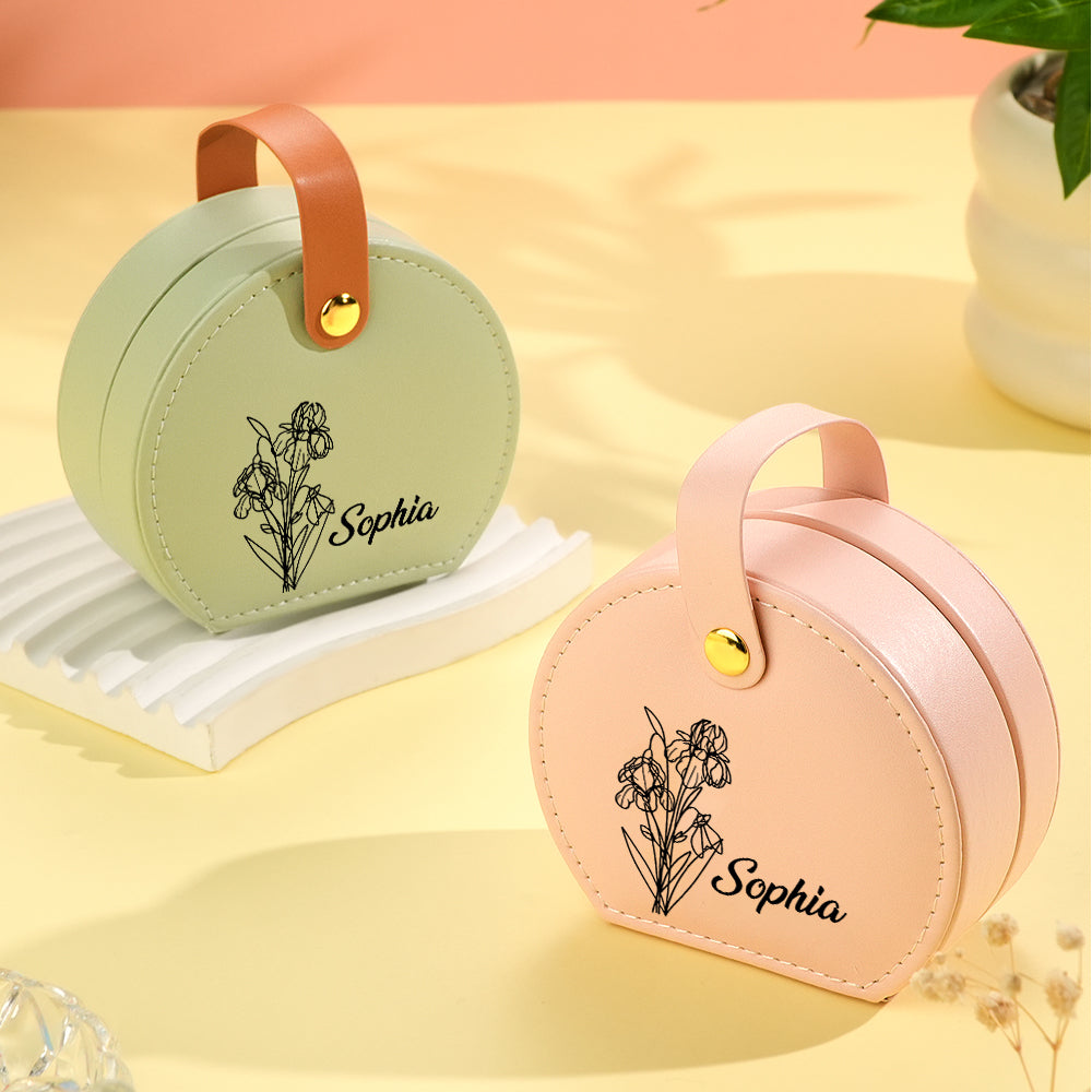 Personalized Birth Flower Leather Jewelry Box with Name Jewelry Box Gift for Her