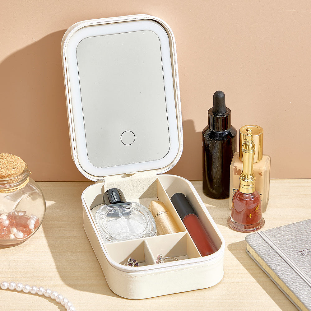 Personalized Birth Flower Leather Jewelry Box with LED Makeup Mirror Birthday Gift for Her