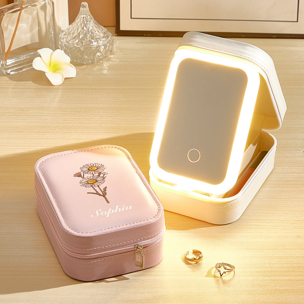 Personalized Birth Flower Leather Jewelry Box with LED Makeup Mirror Birthday Gift for Her