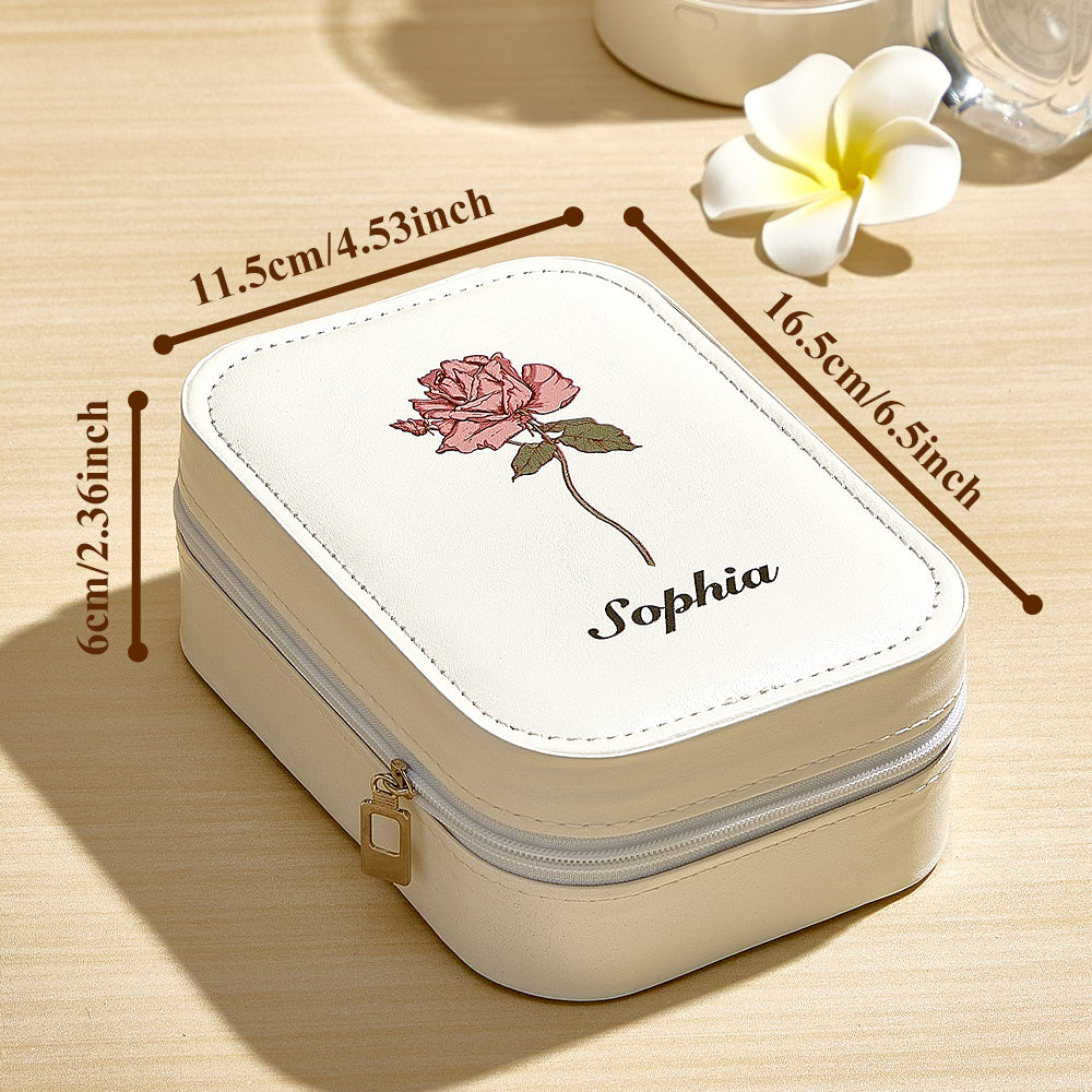 Personalized Birth Flower Leather Jewelry Box with LED Makeup Mirror Birthday Gift for Her