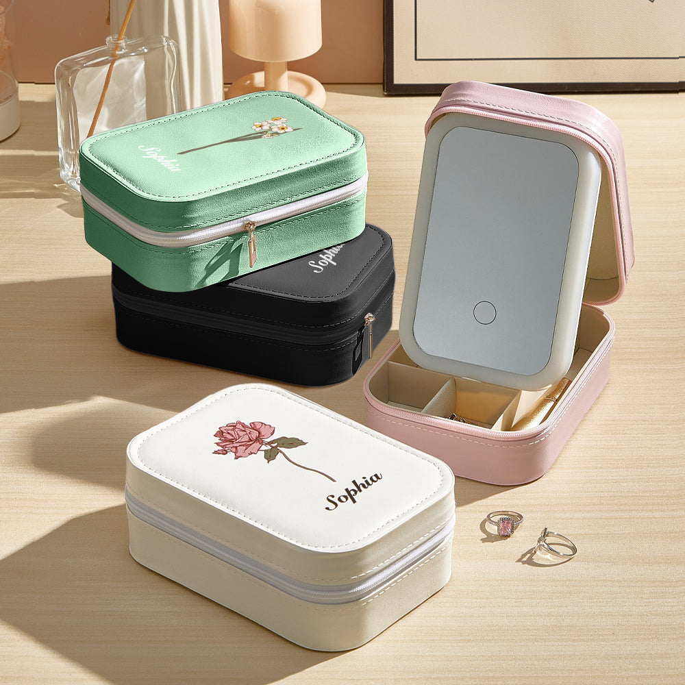 Personalized Birth Flower Leather Jewelry Box with LED Makeup Mirror Birthday Gift for Her