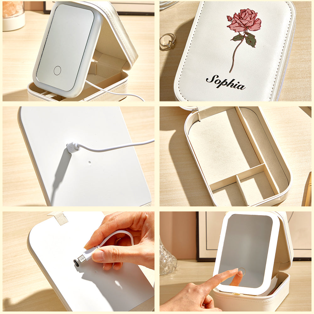 Personalized Birth Flower Leather Jewelry Box with LED Makeup Mirror Birthday Gift for Her