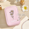 Personalized Birth Flower Leather Jewelry Box with LED Makeup Mirror Birthday Gift for Her