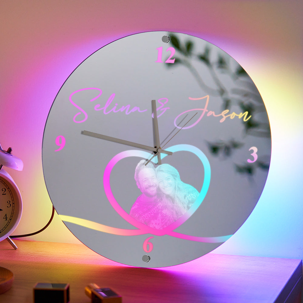 Custom Photo Clock Personalized Name Mirror Light Wall Decor