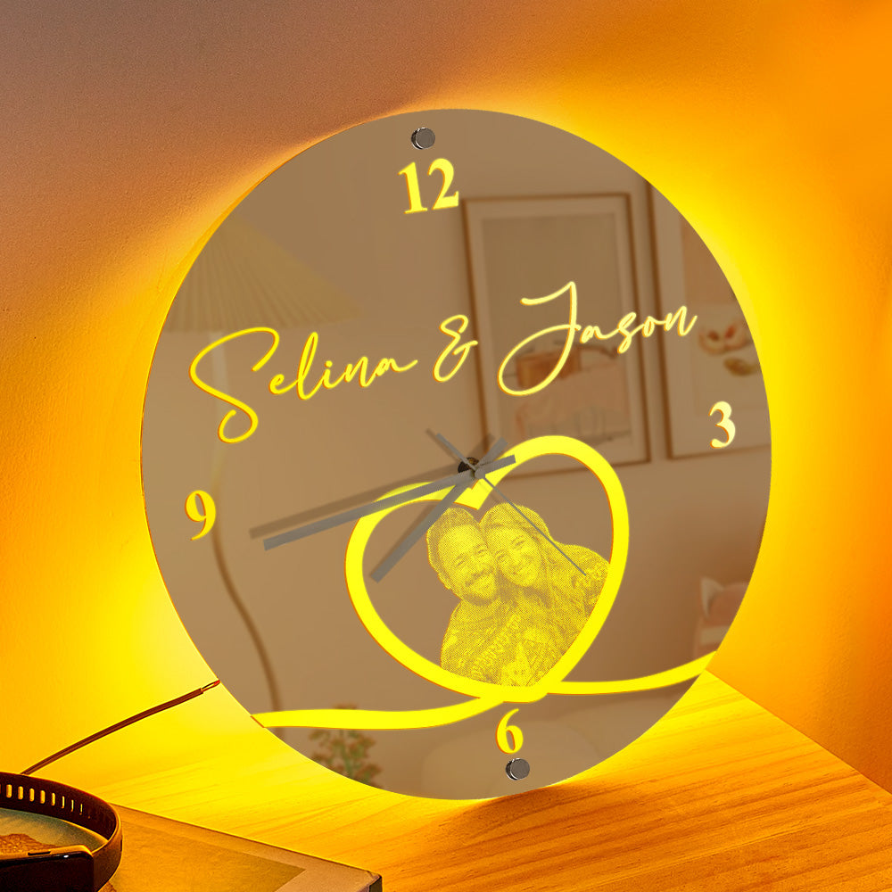 Custom Photo Clock Personalized Name Mirror Light Wall Decor