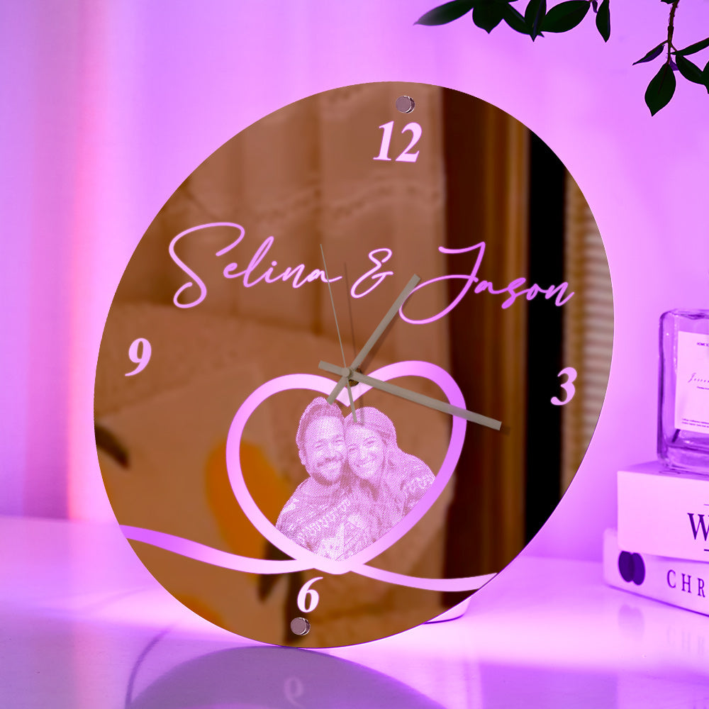 Custom Photo Clock Personalized Name Mirror Light Wall Decor