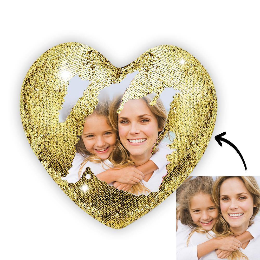 Custom Photo Magic Heart Sequins Pillow Gold