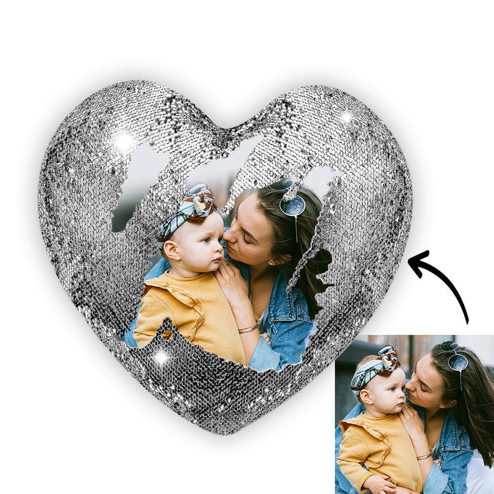 Custom Photo Magic Heart Sequins Pillow Silver