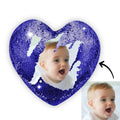 Custom Photo Magic Heart Sequins Pillow Blue